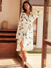 Women's Cartoon Print Overlap Casual Loungewear Robe - Apricot - View 4