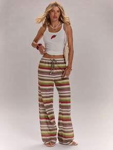 SHEIN BAE Women's Vacation Casual Striped Pants - Yellow - View 4