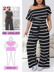 Solflare Plus Size Women Striped Asymmetrical Shoulder Short Sleeve Top And Tie Waist Wide Leg Pants Casual 2 Pieces Set - Black and White - View 1