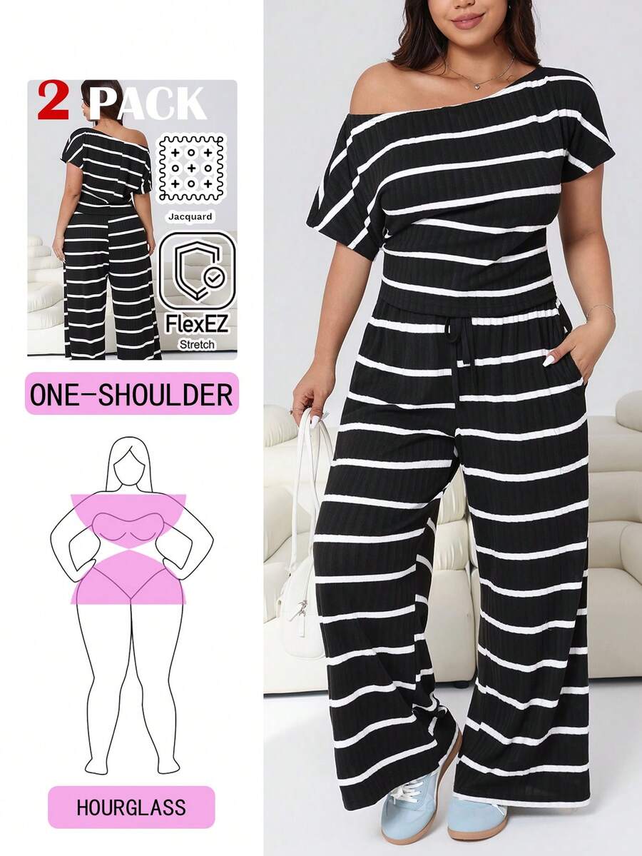 Solflare Plus Size Women Striped Asymmetrical Shoulder Short Sleeve Top And Tie Waist Wide Leg Pants Casual 2 Pieces Set - Black and White - View 1