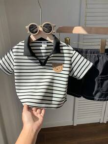 SHEIN 2件套男婴可爱休闲条纹polo衫和白色短裤套装，适合生日派对、晚宴、演出、婚礼、迎婴派对、一周岁生日庆祝活动。 - 黑色 - 查看 4