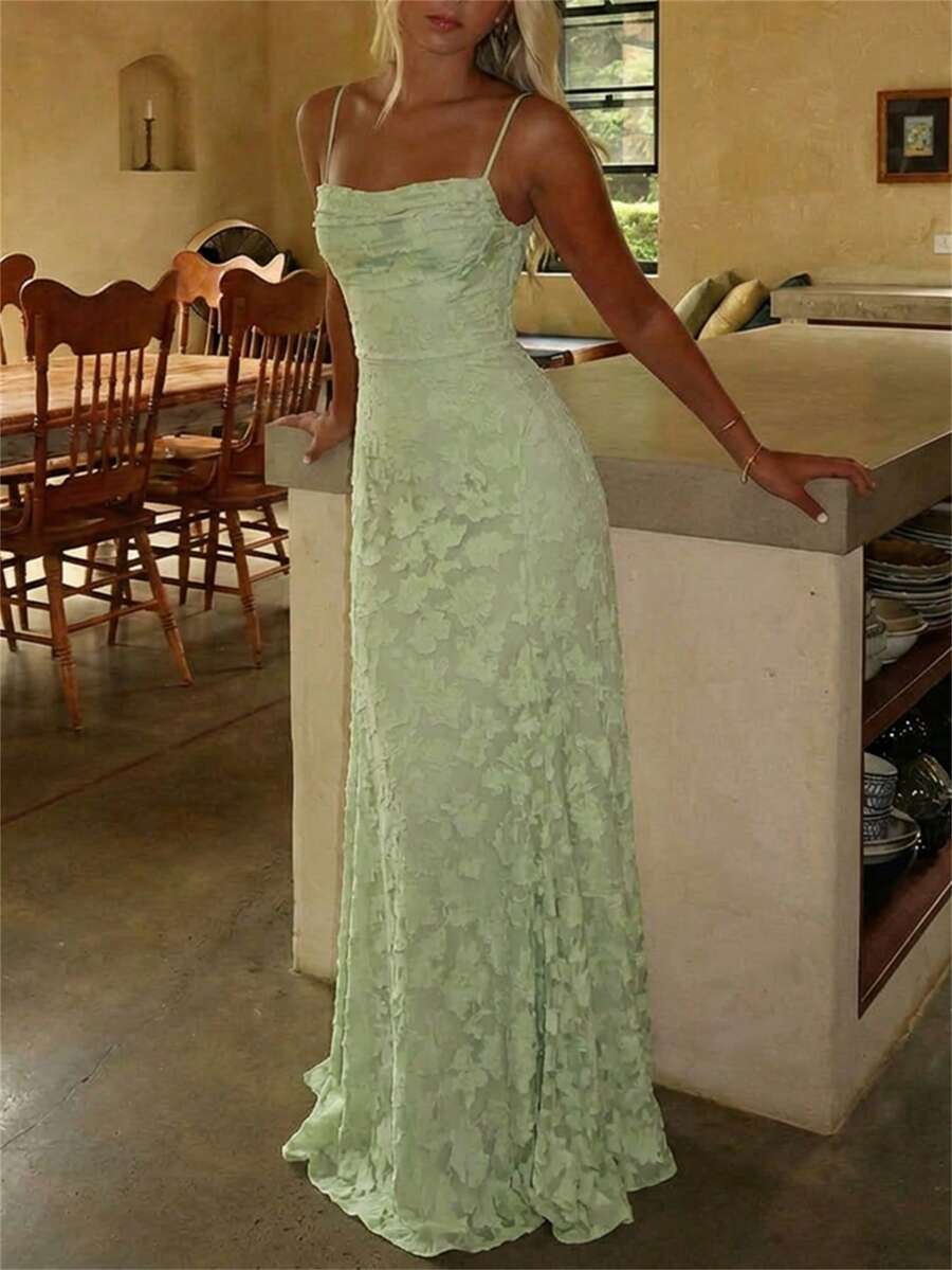 Aloruh 女士优雅细肩带露背绿色提花镂空连衣裙