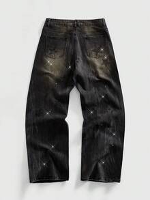 ROMWE MEN 男士做旧水洗牛仔裤，饰有水钻星星，宽松版型，街头风 - 黑色 - 查看 2