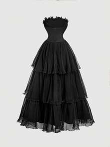 SHEIN MOD Black Ruched Multi-Layer Dress - Black - View 4