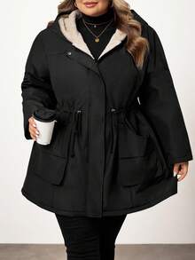 Enliva 大码女式防水长袖抓绒外套，秋冬季，适合苹果型圆臀身材 - 黑色 - 查看 4