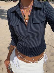 DAZY Women's Casual Everyday Office Commute Turndown Collar Striped Print Fitted Shirt, Spring/Autumn - Navy Blue - View 10