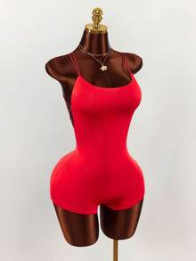 Amplova Bộ jumpsuit màu đỏ gợi cảm, hở lưng, dây mảnh chéo, thích hợp cho kỳ nghỉ biển. - Đỏ - Xem 4