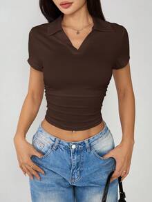 SHEIN PETITE 女士纯色翻领短袖褶裥修身休闲T恤 - 棕色 - 查看 7