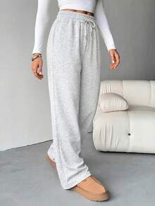SHEIN Tall Quần thể thao nữ màu kaki dáng rộng, cạp chun, kiểu dáng thường ngày, thích hợp cho mùa hè, công sở, lễ tốt nghiệp, trang phục đi học, lễ tốt nghiệp, trang phục giáo viên nữ, trang phục trở lại trường học. - Màu Xám nhạt - Xem 3