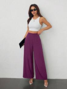 SHEIN PETITE 女款簡約休閒時尚開學季老錢風通勤高腰紋理寬腿長褲，適合嬌小女性 - 中紫紅色 - 查看 6