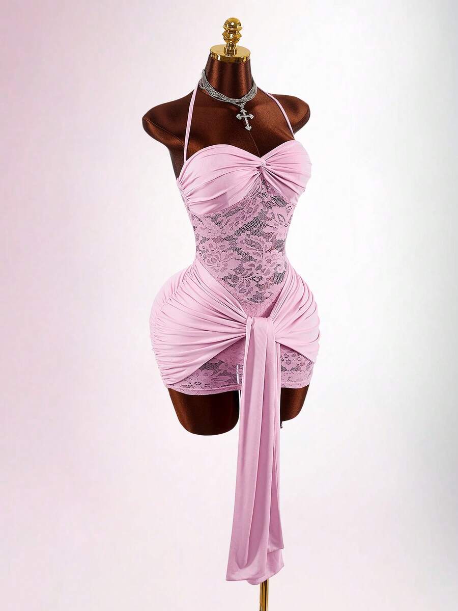 Amplova Đầm ngắn màu vàng lãng mạn cho kỳ nghỉ xuân, kiểu cổ yếm, xoắn phía trước, cổ chữ V, xẻ tà, dành cho nữ. - Hồng - Xem 1