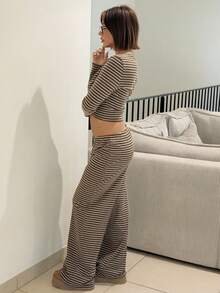 IamThia Damen Lässig Homewear Pyjama Set, beinhaltet gestreiftes Crew Neck Langarm T-Shirt und weite gestreifte gerade Hose, geeignet für den täglichen Gebrauch, Sport, Herbst/Winter - Braun - Übersicht 4