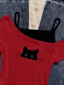Attitoon Áo thun ngắn tay nữ kiểu retro họa tiết mèo đen nhìn trộm, phối màu, thích hợp cho mùa hè. - Đỏ - Xem 3