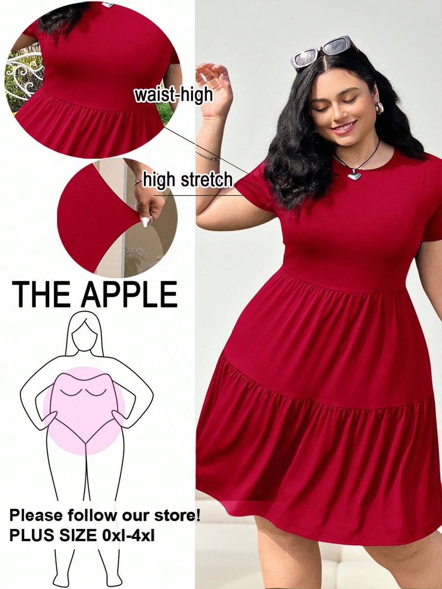 Solflare Gaun Kaos Hitam Lengan Pendek Longgar Ukuran Besar, Pakaian Musim Semi dan Musim Panas - Merah - View 1