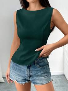 Pariaura Dark Green,Summer,Elegant,Night Out Backless Tie-Up Bow Sleeveless Shirt, Minimalist Office Business Wear,Spring Summer Classy Tops For Women - Dark Green - View 3