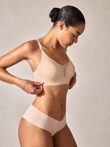 女士无缝无钢圈透气可调节网眼文胸，秋季 - 卡其色 - 查看 8