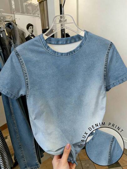 EMERY ROSE Printed Patchwork Pattern Cool Style Round Neck Short Sleeve Casual Plus Size T-Shirt, Spring & Summer