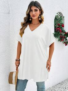 SHEIN LUNE CURVE 大码女式纯色V领休闲百搭日常短袖T恤 - 白色 - 查看 3
