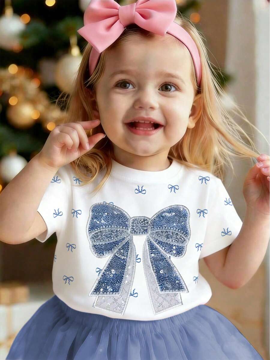Baby Girl Summer Casual Bow Print Round Neck Short Sleeve Top - Multicolor - View 1
