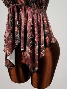 SaltGleam SaltGleam Women's Fashion Metal Buckle Asymmetric Hem Bodycon Printed Sleeveless Top, Burgundy, Summer, Boho, Beach Vacation, Holiday Music Festival Party Daily Wear - Multicolor - View 7