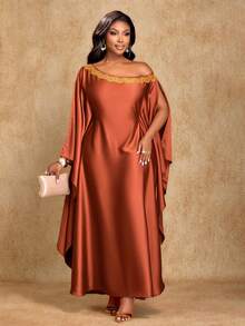 Brilight 女士中东优雅纯色蕾丝拼接装饰宽松修身长裙，适合派对、婚礼季、舞会、毕业典礼、圣诞节等场合，阿拉伯长袍传统服饰秋季连衣裙 - 棕色 - 查看 7