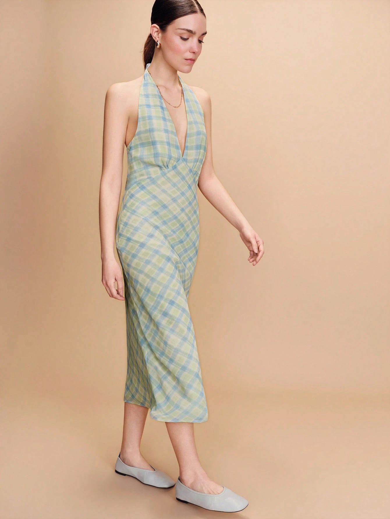 Self-Tie V-Neck Two-Tone Gingham Midi Dress, Cute And Chic Vibe, Pretty Spring/Summer For Going Out Spring Summer French Style Parisian Style Vacation Dress Resort Dress Holiday Dress