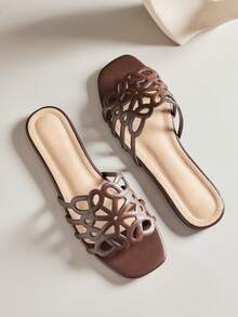 SHUZIA Sandal đế bằng nữ thanh lịch với họa tiết hoa khoét hở. - Màu nâu Sô-cô-la - Xem 7