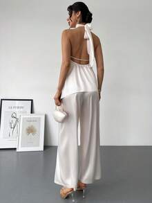 Rafferiza Set 2 Potong Pesta Vintage Seductive Elegant Backless Satin Ribbon Asymmetrical Halter Top Long Elastic Waist Loose Satin Pants Party Soft Pink - Aprikot - View 2