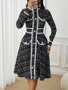 SHEIN Lady 女士休闲通勤长袖纽扣腰中长连衣裙 - 黑與白 - 查看 7