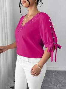 Elenzga Blus Wanita Ukuran Besar Elegan Model Off-Shoulder Leher Bulat Ruffle Ikat Lengan Setengah dengan Hiasan Mutiara - Hot Pink - View 5