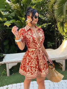 SHEIN SXY Đầm ngắn nữ họa tiết hoa, kiểu dáng thắt eo, thích hợp cho kỳ nghỉ, hẹn hò và đi chơi. - trái cam - Xem 4