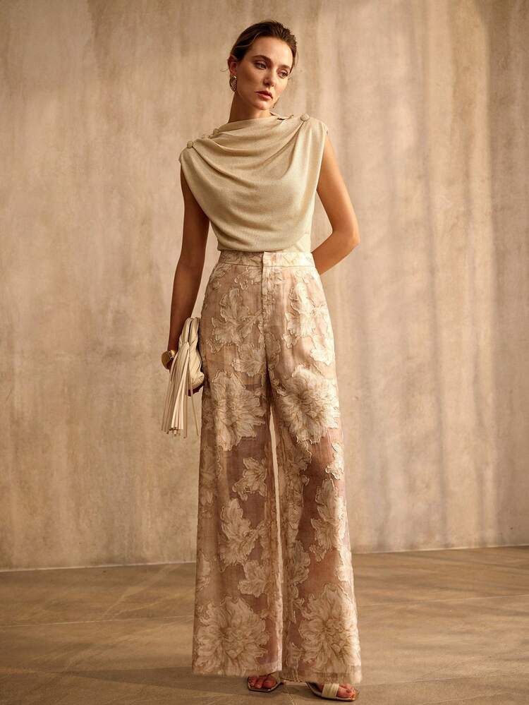 WOMEN'S KHAKI TEXTURED JACQUARD STRAIGHT-LEG PANTS