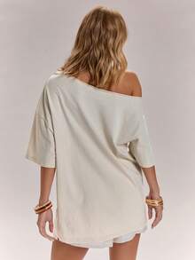 SHEIN BAE Women's White Summer Casual Sexy Graphic Beach Golf Holiday T-Shirt, Shell Print Loose-Fitting Top, Island Vacation, Italian Style Short Sleeve Tee - Apricot - View 2