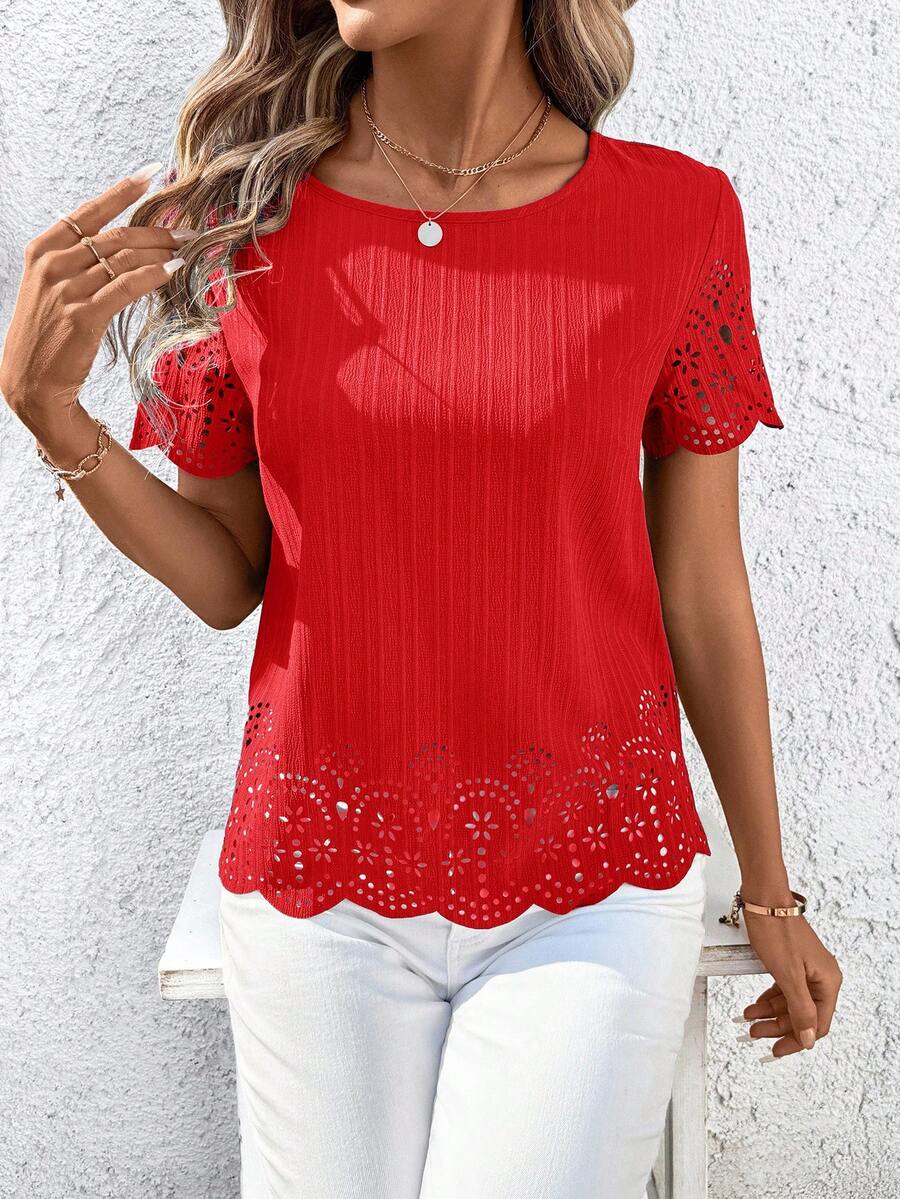 SHEIN Clasi Women's Short Sleeve Burnout Shirt, Spring/Summer,Red Top - Red - View 1