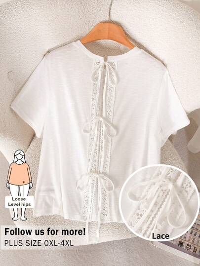 CosyJoli Plus Size Women's Backless T-Shirt, Casual Ladies Clothing Short Sleeve Ruffle T-Shirt White T-Shirt