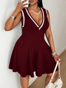 Maweii Plus Size Women Striped V-Neck Casual Sleeveless Dress - Burgundy - View 2