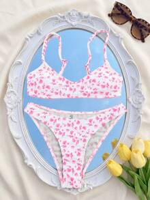 Swim Mod 两件套女士沙滩装，时尚可爱性感度假沙滩游艇泳池派对多色碎花可调节吊带露背上衣和可爱比基尼泳裤 - 彩色 - 查看 3