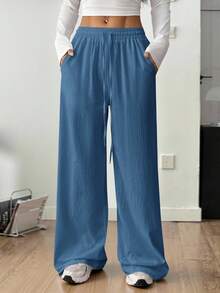 SHEIN PETITE 女士夏季乡村音乐会外出波西米亚海滩度假装扮基本款简约水洗100%纯棉白色弧形裤脚长裤,秋季女装 - 藏蓝色 - 查看 14