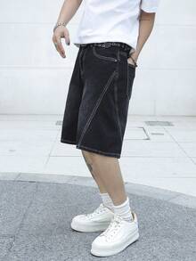 Manfinity Hypemode 男士黑色阔腿牛仔短裤，休闲款 - 黑色 - 查看 5