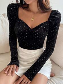 DAZY Women's Elegant Polka Dot Sweetheart Neck Fitted Blouse, Autumn - Black - View 8