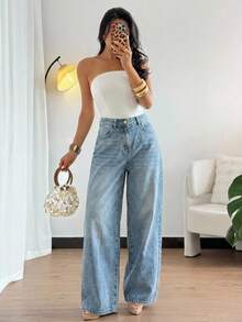 DAZY Women's Regular Waist Loose Slant Pocket Casual Straight Leg Pants - Medium Wash - View 2