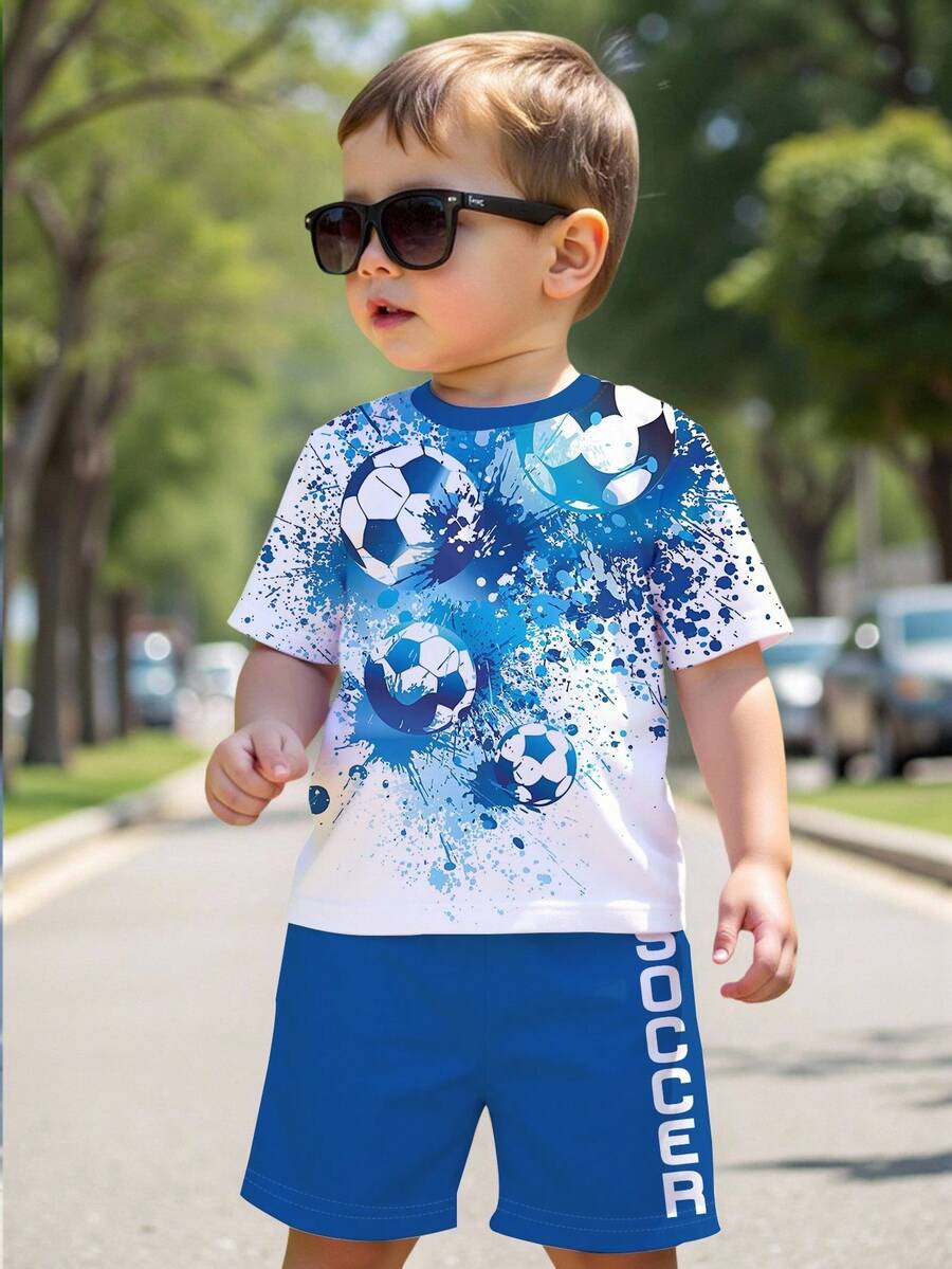 一套男童休闲酷炫运动足球泼墨印花短袖T恤和短裤套装,适合日常穿着、运动、上学、夏季穿着。 - 彩色 - View 1