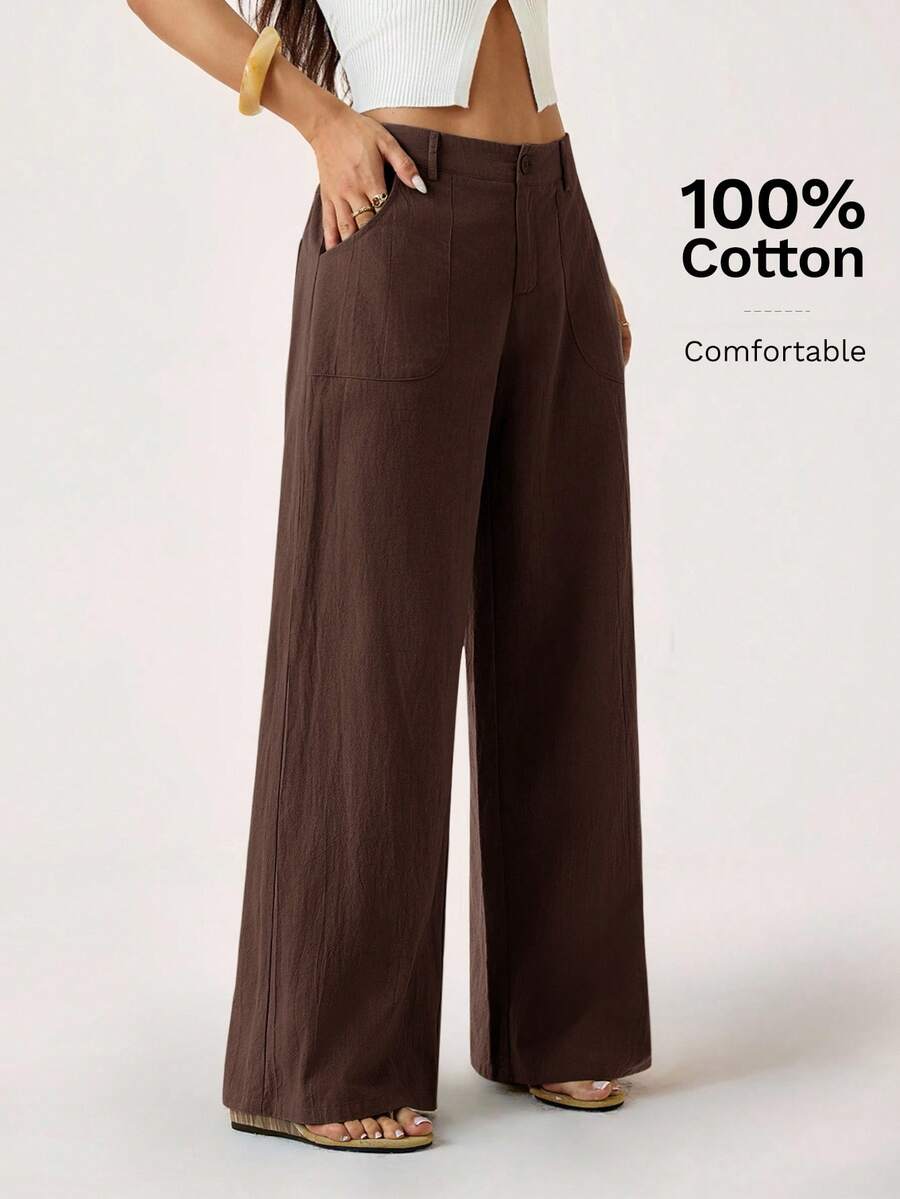 SHEIN PETITE 100% 水洗棉低腰直筒裤 - 咖啡棕 - 查看 1