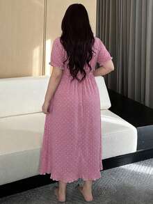 Dazy Plus 优雅碎花圆领系带撞色蕾丝收腰长款睡裙，短袖 - 藕粉色 - 查看 5