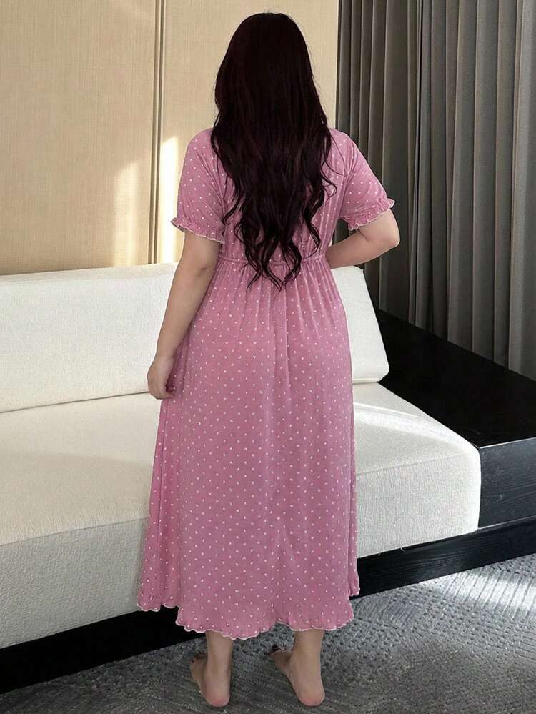 Dazy Plus Elegant Ditsy Floral Scoop Neck Tie-Up Contrast Lace Cinched Waist Long Nightgown With Short Sleeves