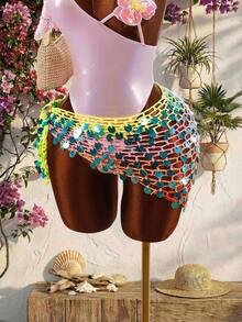 Amplova Áo khoác ngoài nữ xuyên thấu thêu sequin chuyển màu, gợi cảm và phá cách, phù hợp cho kỳ nghỉ, lễ hội âm nhạc, đồ bơi mùa xuân/hè dễ thương, hàng mới về. - Hồng - Xem 4