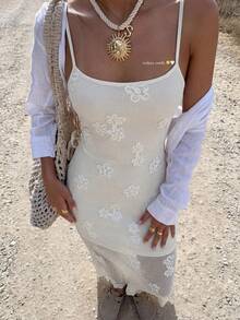 Firerie 女士优雅简约精致浪漫迷人度假沙滩日常派对钩针镂空3D花卉方领无袖长裙，杏色，春夏夏季女装沙滩装连衣裙女士度假套装女士夏季连衣裙 - 杏色 - 查看 3