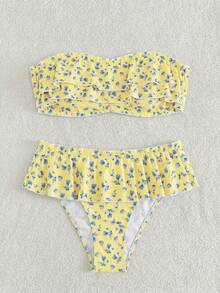 Swim Mod Bộ bikini quây in họa tiết toàn thân dành cho nữ, quần short váy xếp ly cạp thấp kiểu dáng thường ngày, đồ bơi đi nghỉ mát. - Màu vàng - Xem 6