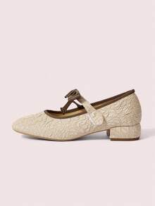 CUCCOO DOLLMOD Giày nữ mũi tròn, chất liệu màu mơ, kiểu dáng ballet, thanh lịch và ngọt ngào, gót dày, trang trí nơ, kiểu giày Mary Jane. - Màu be - Xem 2
