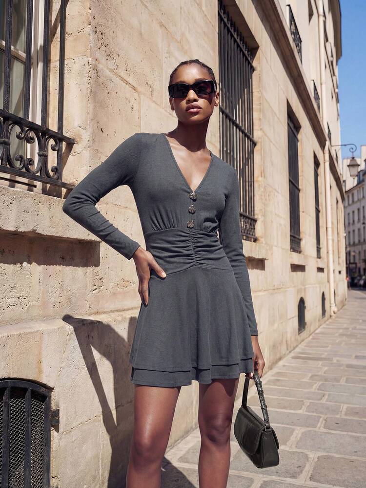 SHEIN Maija Outfit Deas Of  Dress,Women's Solid Color V-Neck Long Sleeve Cinched Waist Ruched Mini Dress, Elegant Party Dresses For Women ,Work Outfits For Women